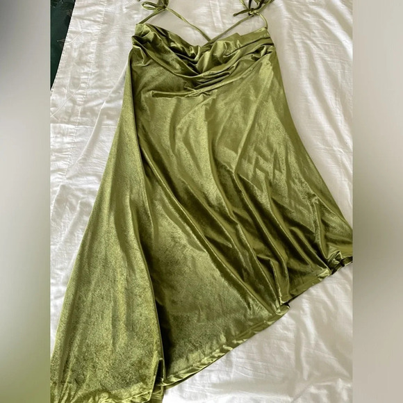 Cider Olive Green Velvet Party Dress 4X Asymmetrical Hem Cowl Collar Spaghetti - Picture 9 of 10